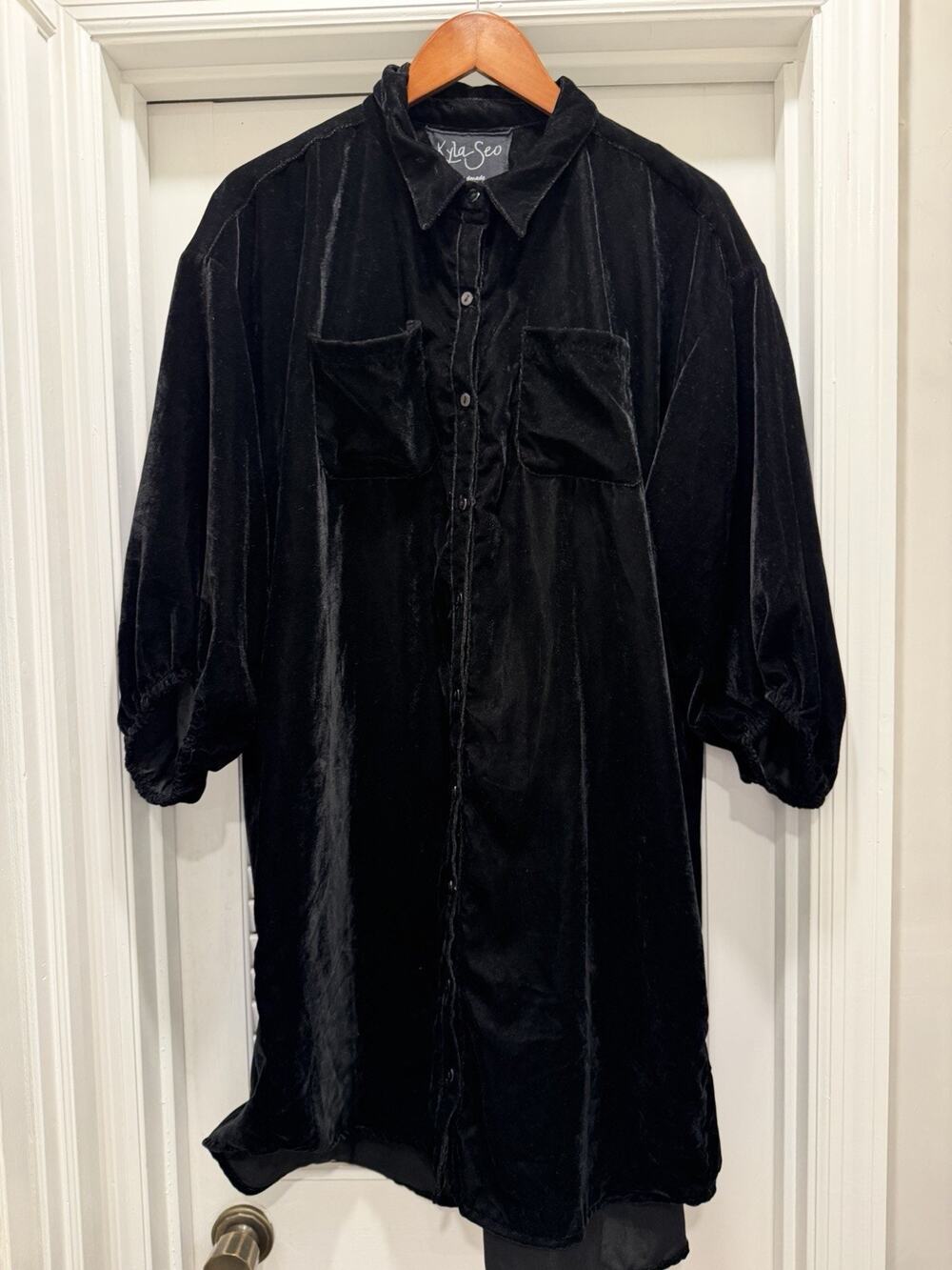 Kyla Seo Black Velvet Shirt Dress Tunic Large Oversized Button Front Boho